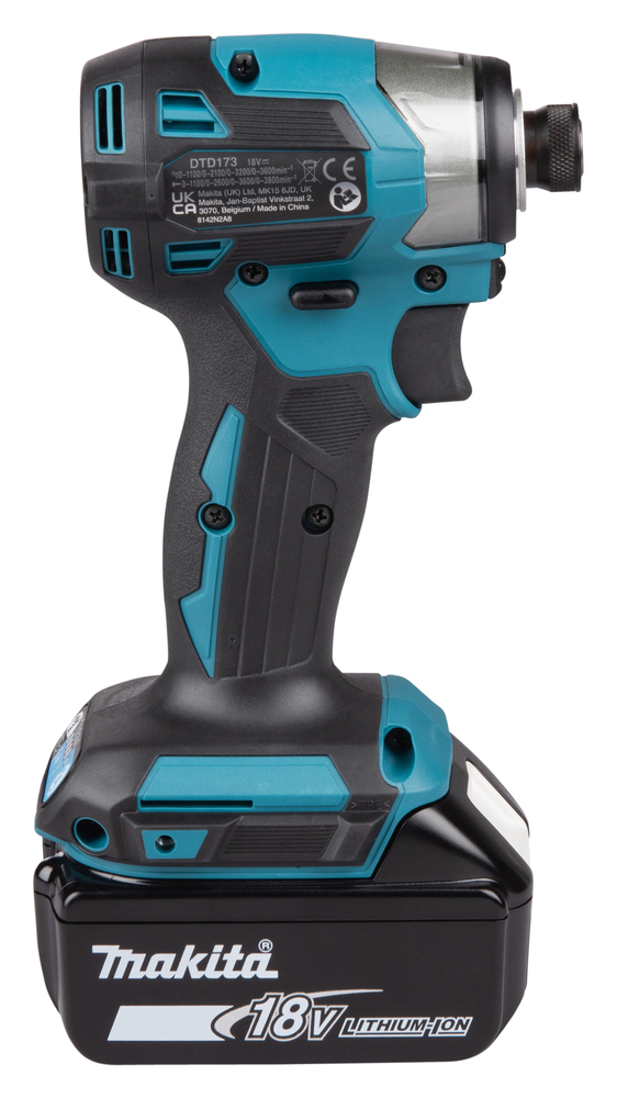 A black and teal Makita impact driver with an 18V lithium-ion battery.