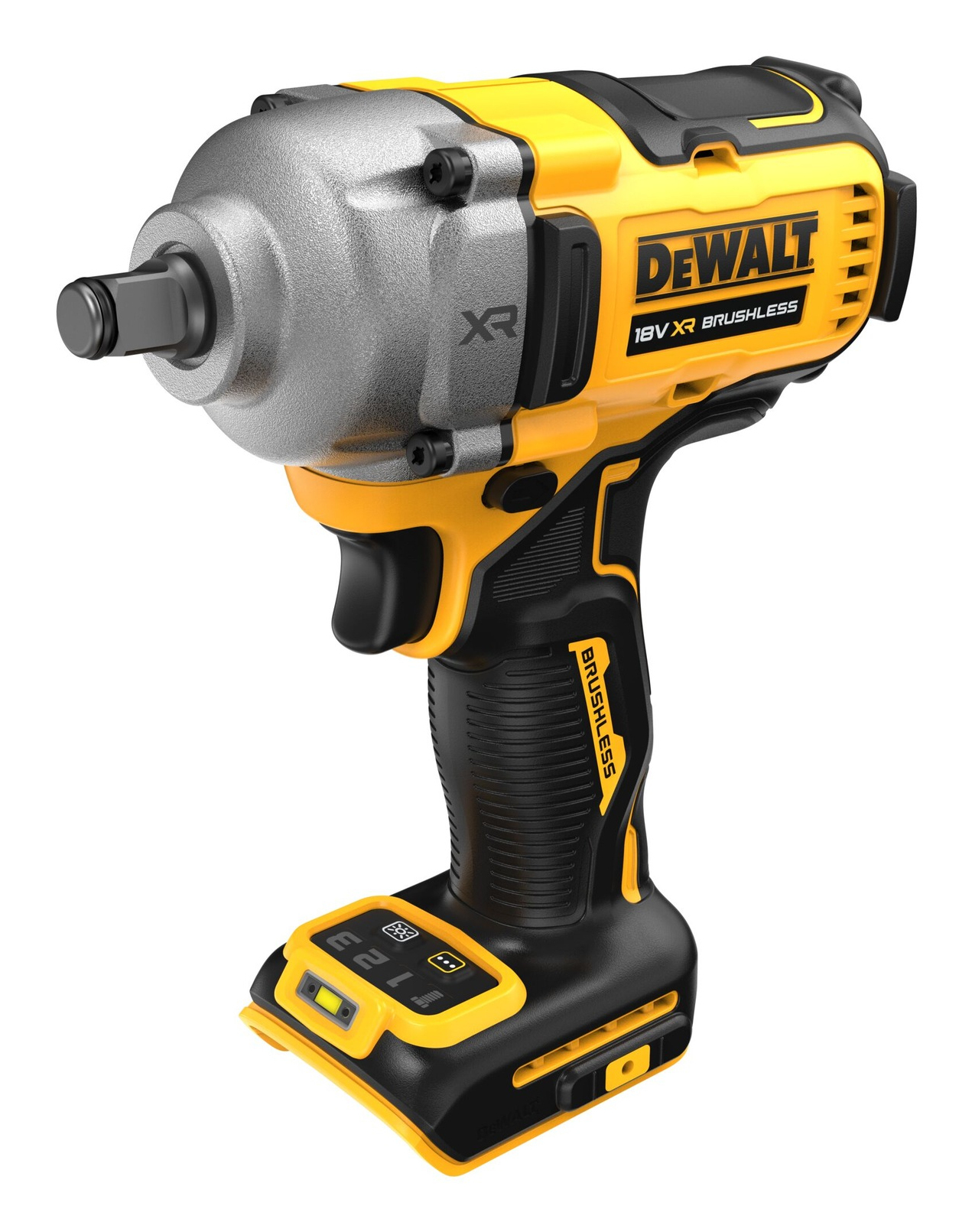 Una llave de impacto DeWalt amarilla y negra con cabeza y batería plateadas.