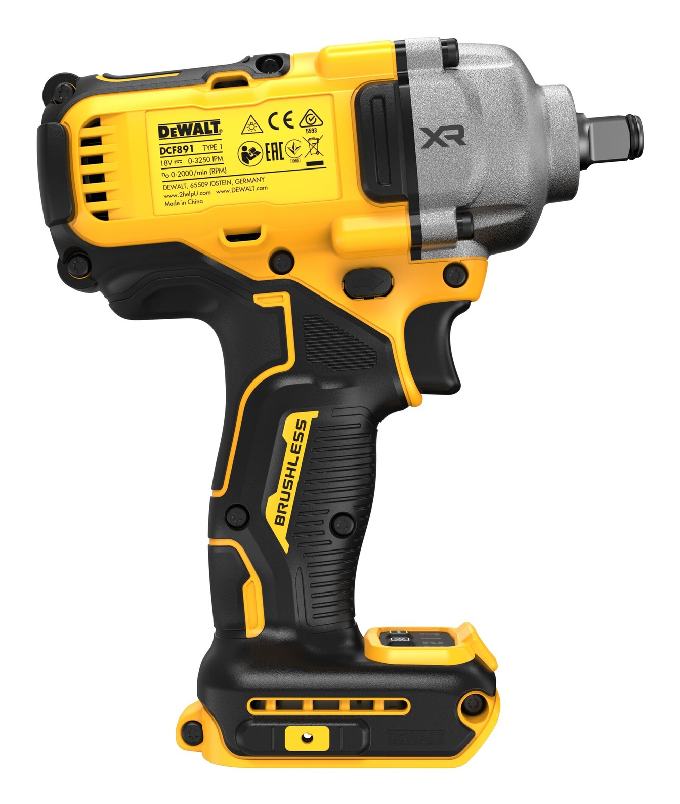 Llave de impacto Dewalt amarilla y negra con etiquetas XR y Brushless.