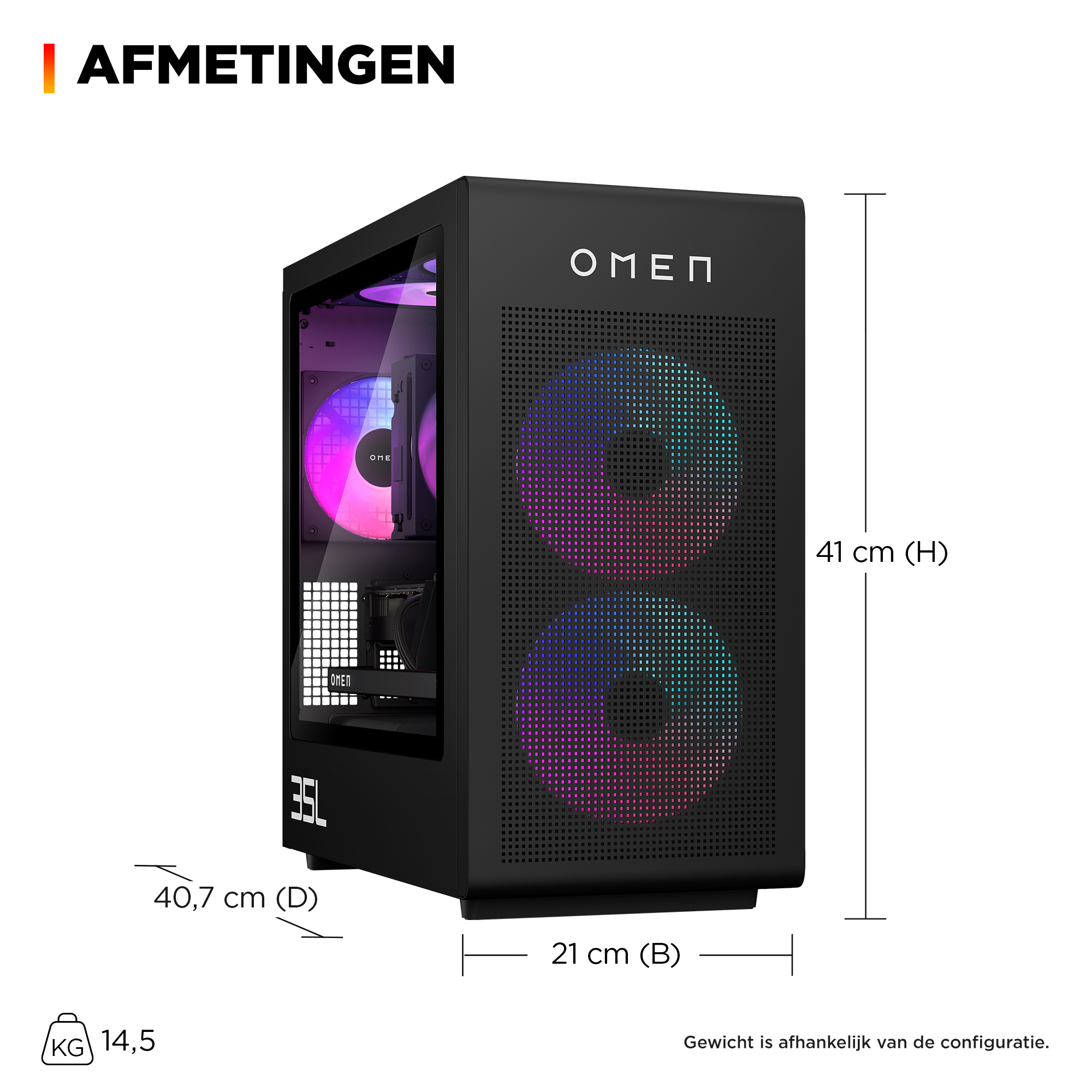 Black OMEN PC case with RGB fans, dimensions 41x21x40.7cm, 14.5kg.
