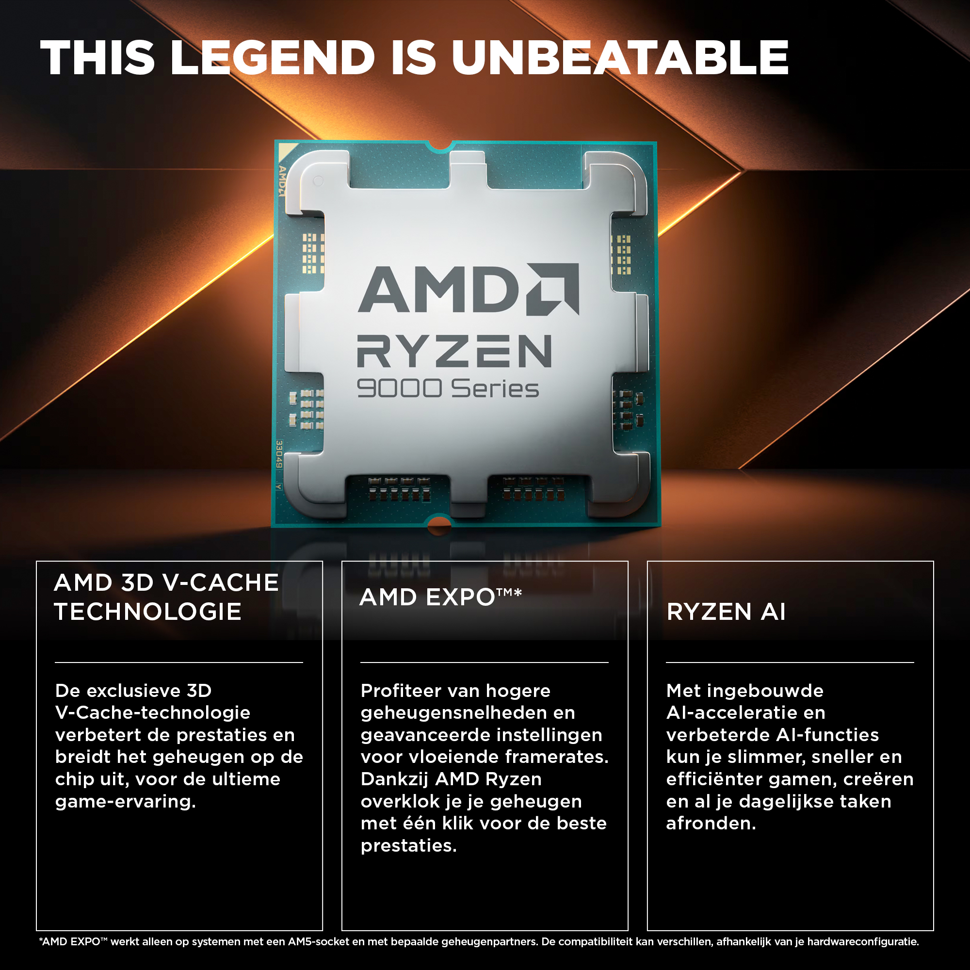 AMD Ryzen 9000 CPU with text boxes for 3D V-Cache, EXPO, and Ryzen AI.