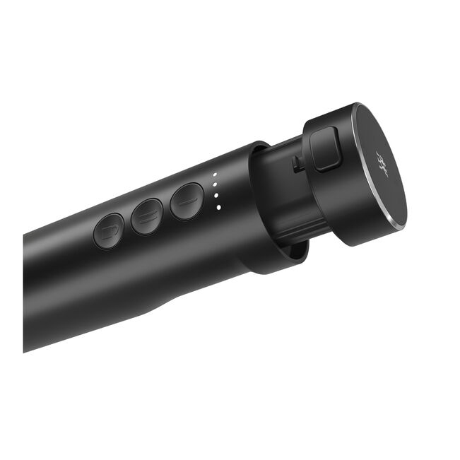 Dispositivo nero ed elegante con tre pulsanti e quattro spie di carica.