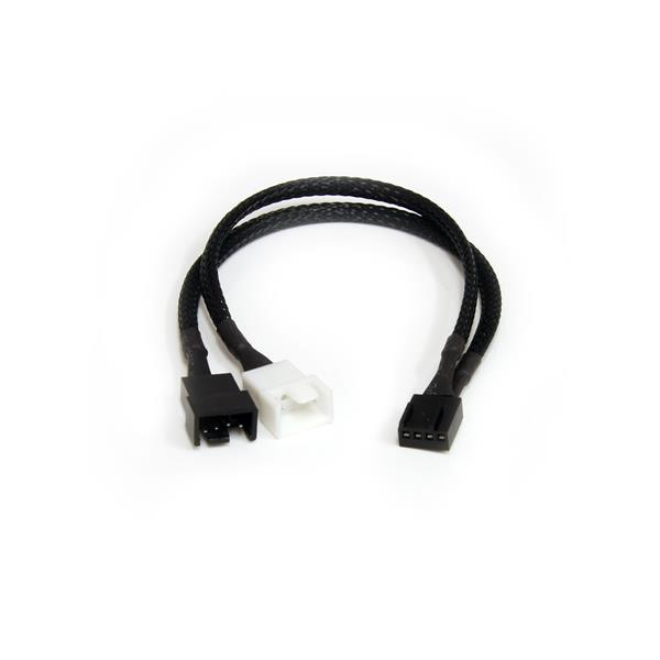Ein schwarzes Kabel mit drei Anschlüssen: zwei schwarz, einer weiß.