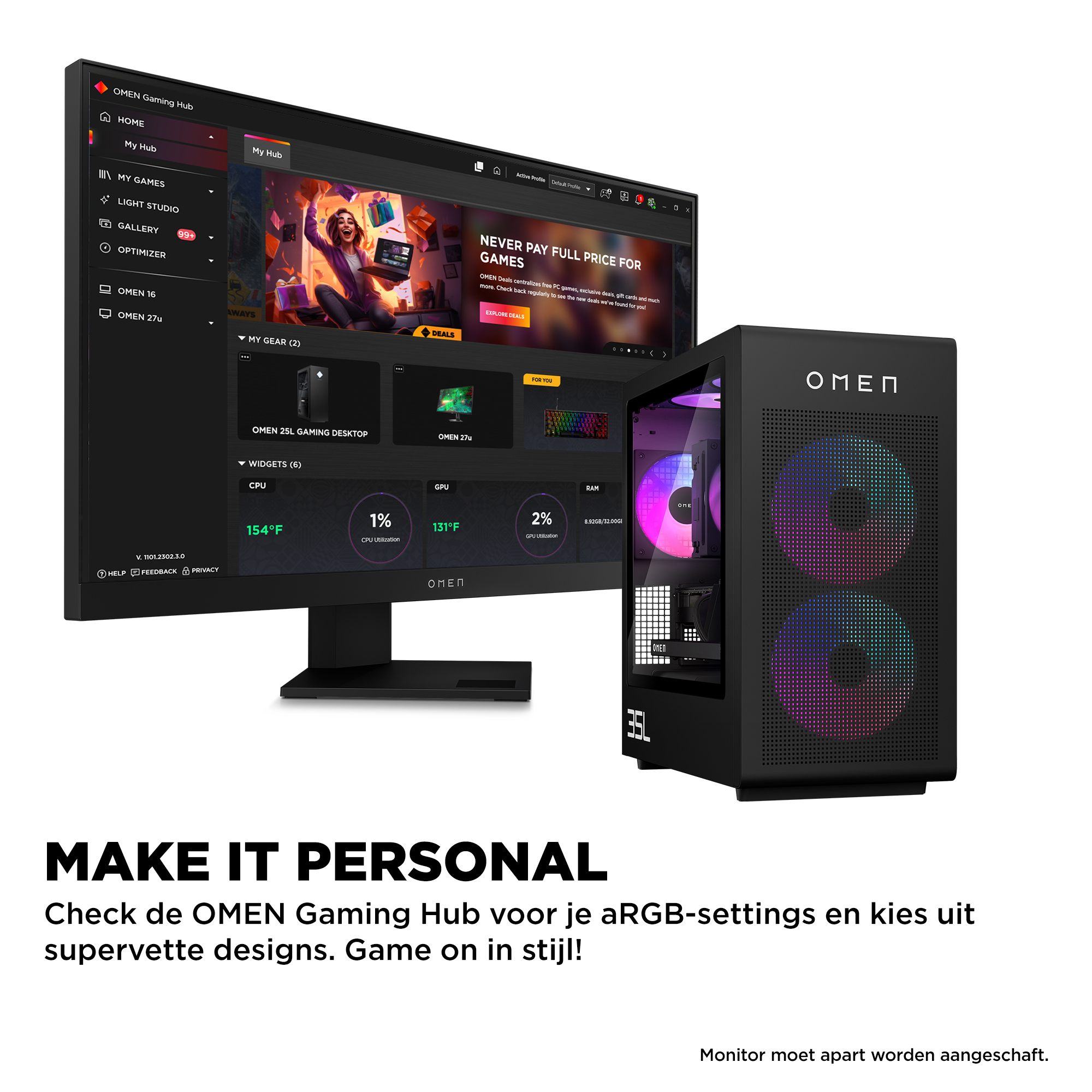 OMEN Gaming Hub on a monitor with an OMEN gaming PC beside it. RGB fans glow.