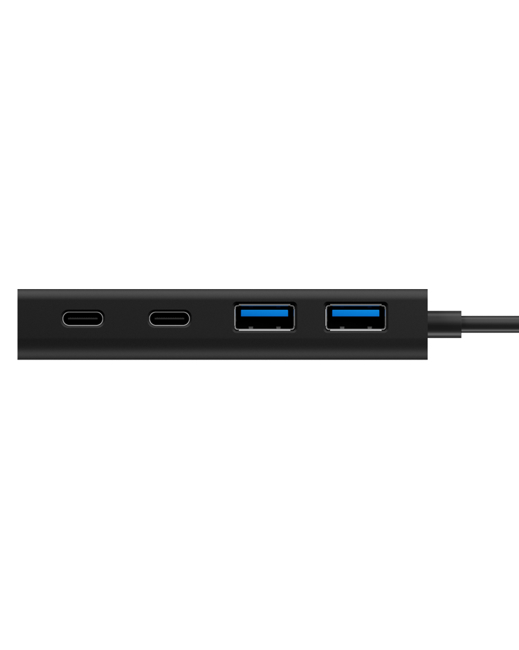 Schwarzer USB-C-Hub mit zwei USB-A- und zwei USB-C-Anschlüssen.