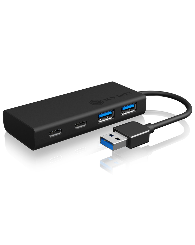 Eine schwarze USB-Hub mit zwei USB-A und zwei USB-C Anschlüssen, auf weißem Grund.