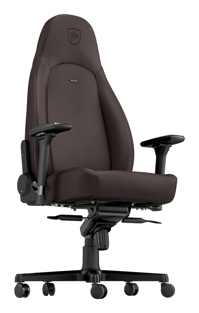 Un fauteuil de bureau marron avec une base et des roues noires.
