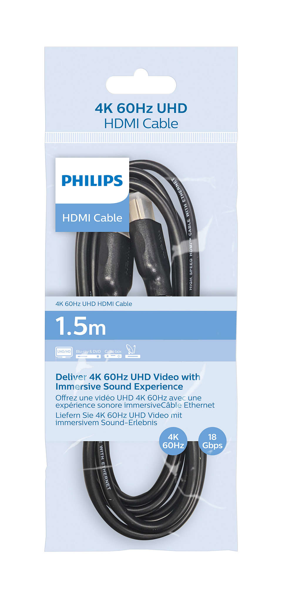 Philips HDMI-kabel, 1,5 m, 4K 60Hz UHD, zwart.