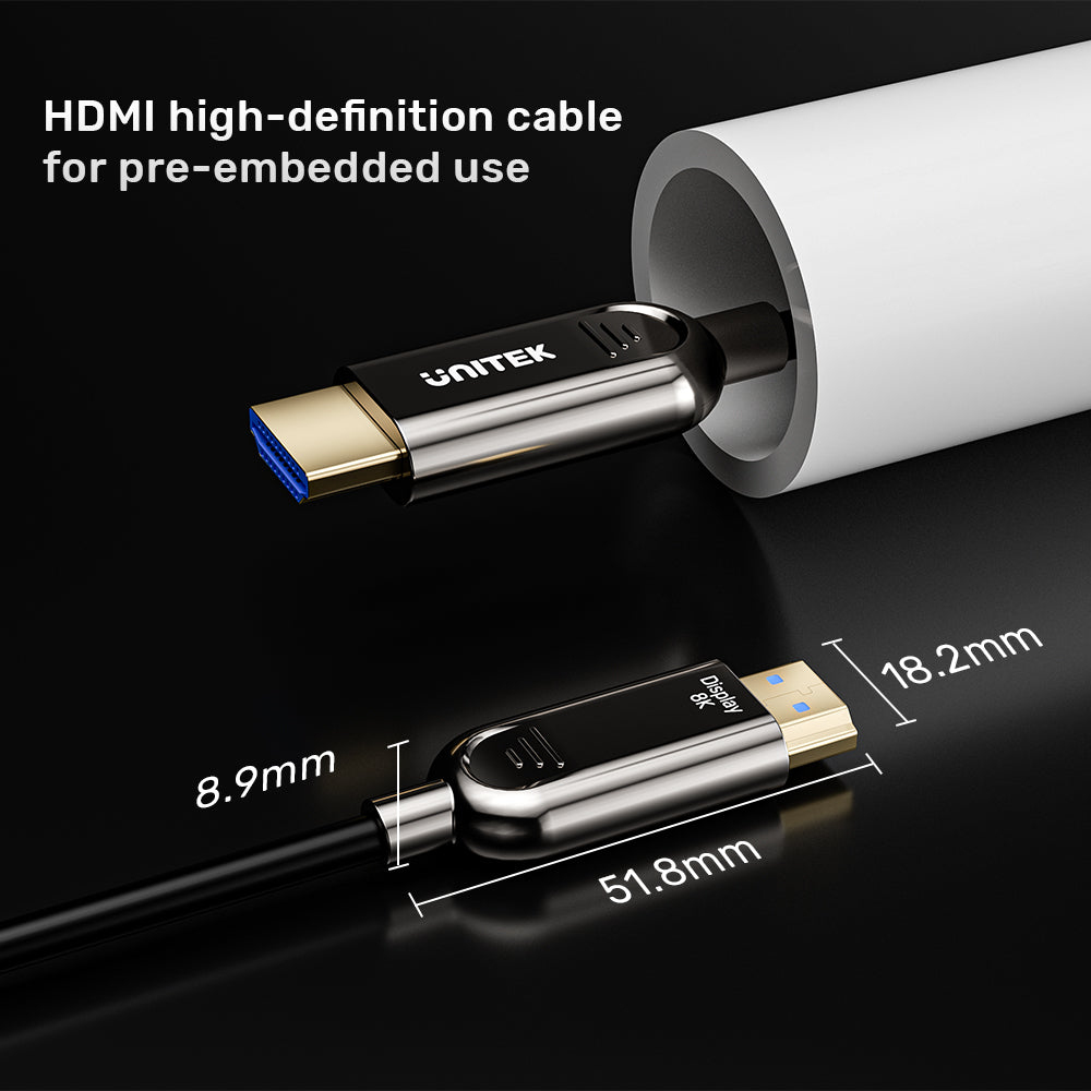 Câble HDMI avec logo Unitek, montrant les dimensions 8.9mm et 51.8mm.