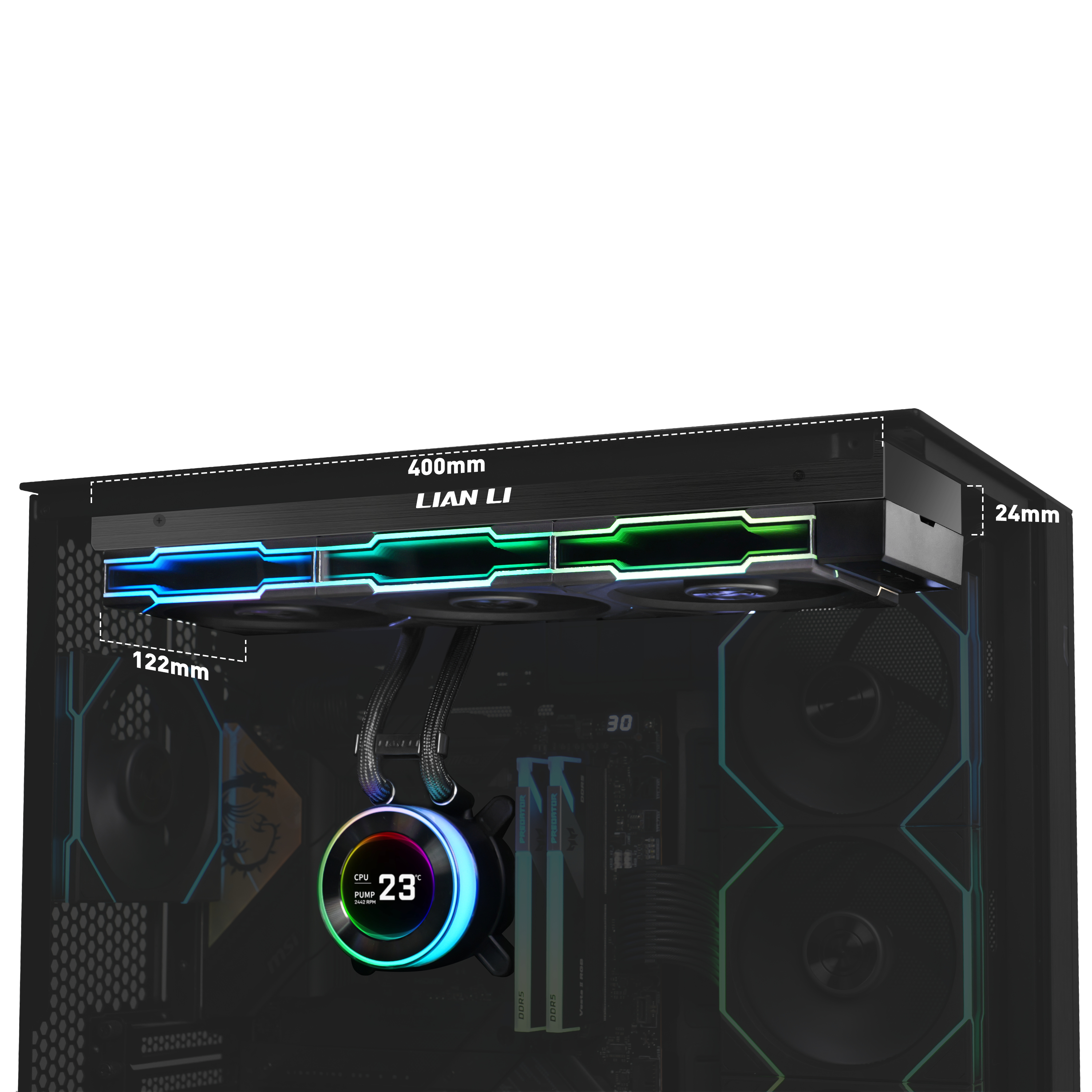 Lian Li PC-Gehäuse mit RGB-Beleuchtung, Lüftern und CPU-Kühler mit Temperaturanzeige.