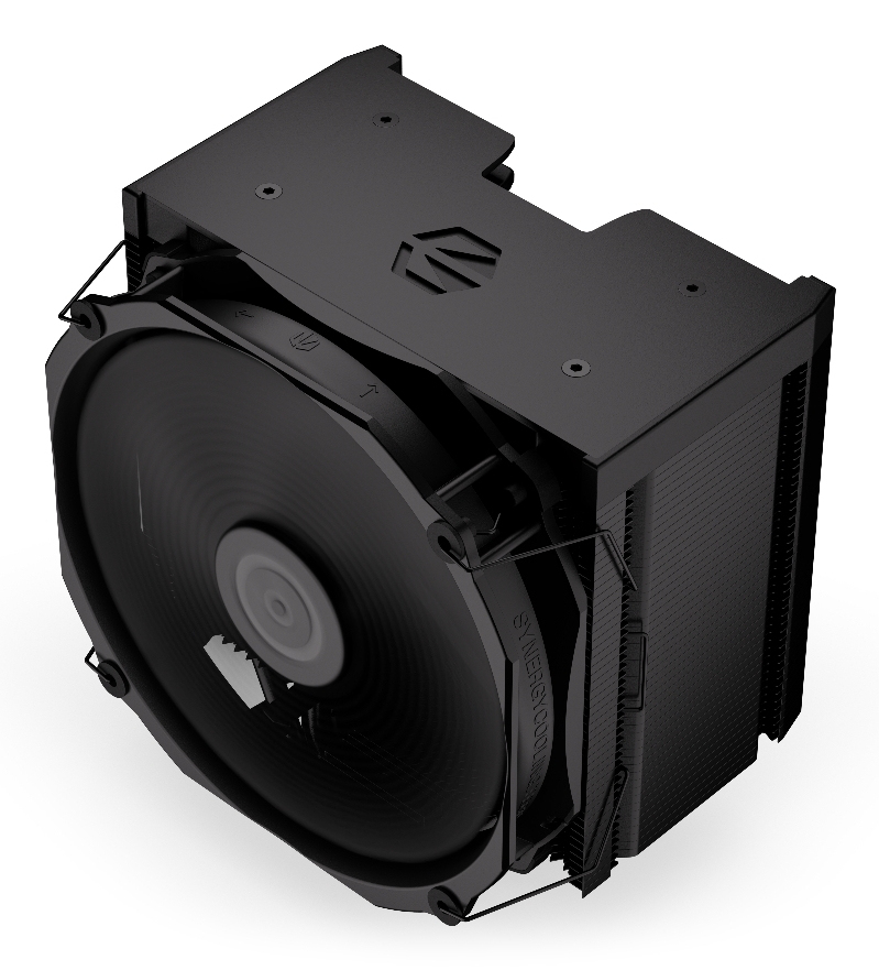 Czarny cooler CPU z wentylatorem i żeberkami, na białym tle.