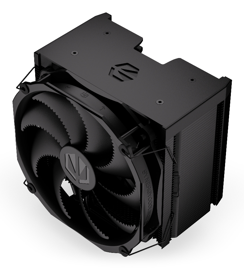 Czarny cooler CPU z wentylatorem i radiatorem, szczegółowo na białym tle.