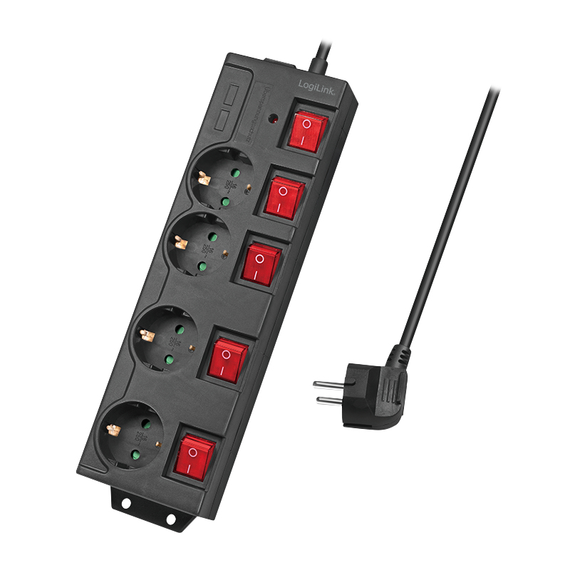 Schwarze Steckdosenleiste mit 4 Steckplätzen und roten Schaltern, mit Kabel und Stecker.