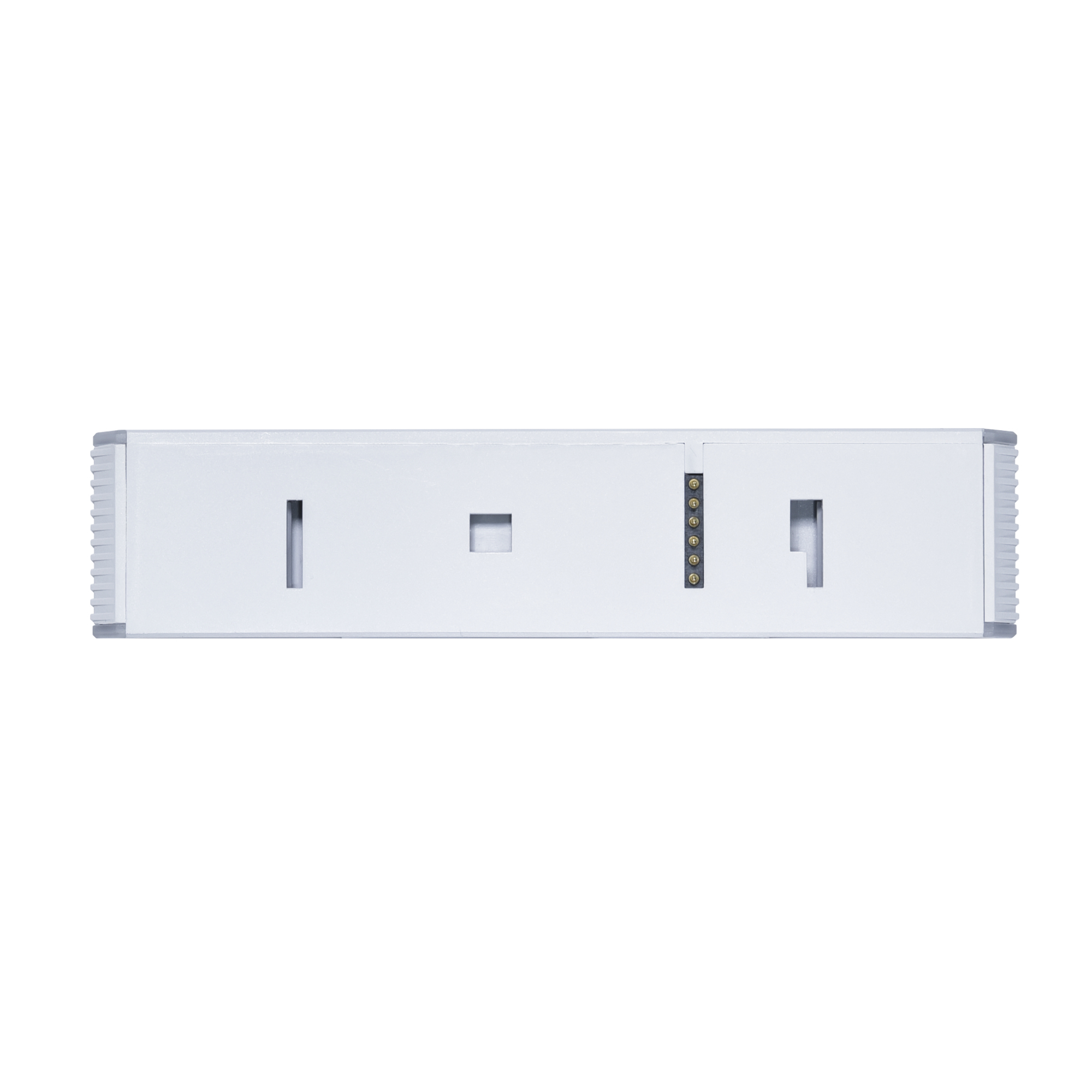 Un dispositivo bianco con fessure e connettori, su sfondo bianco.