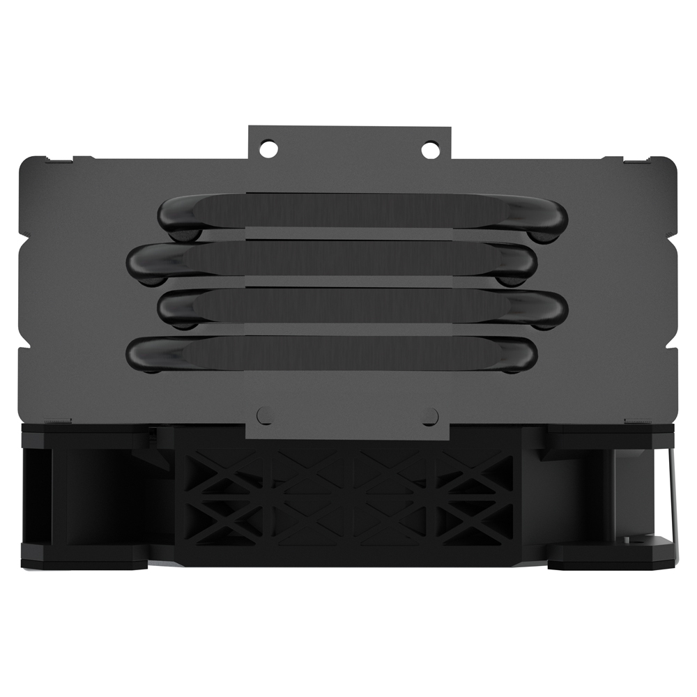 Un dissipatore CPU nero con quattro heatpipe piegati e una ventola.