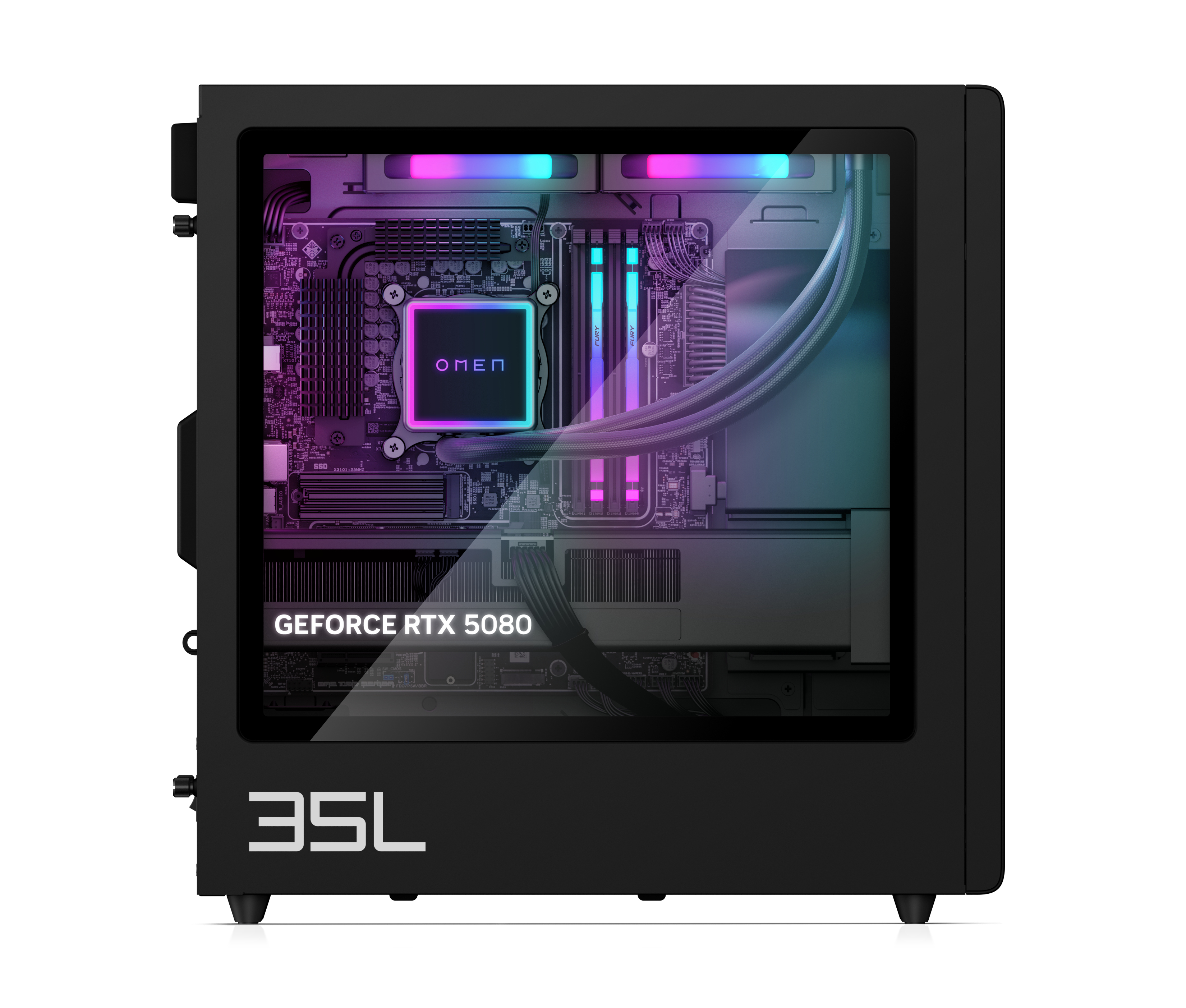 A black computer case with illuminated interior, showing GeForce RTX 5080.