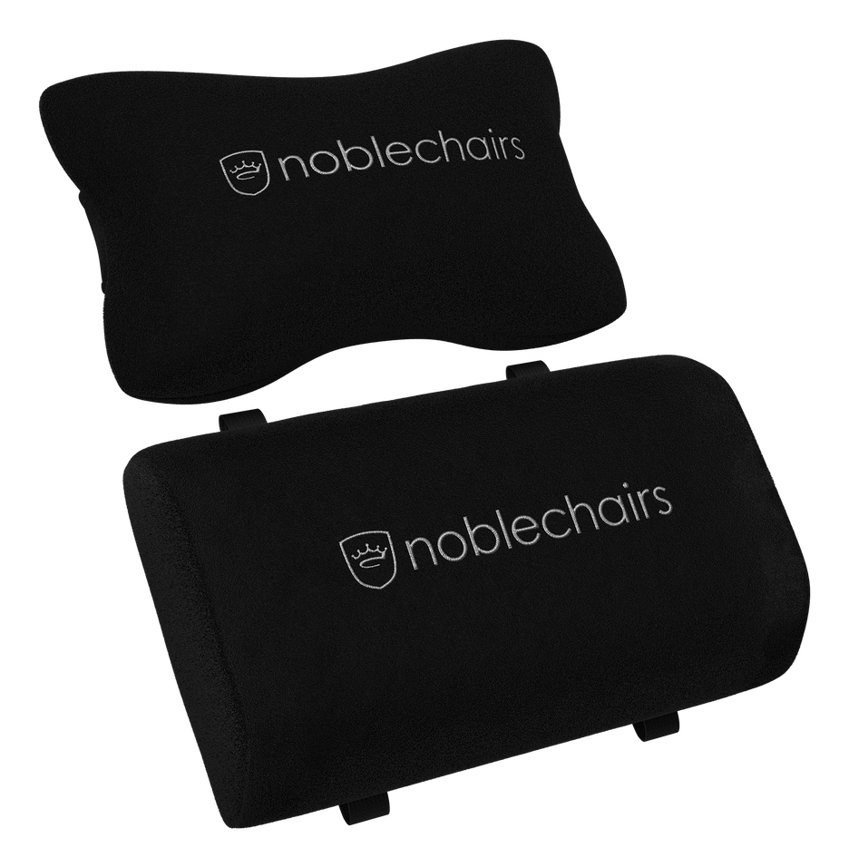 Zwei schwarze Nackenkissen mit dem Logo von noblechairs.