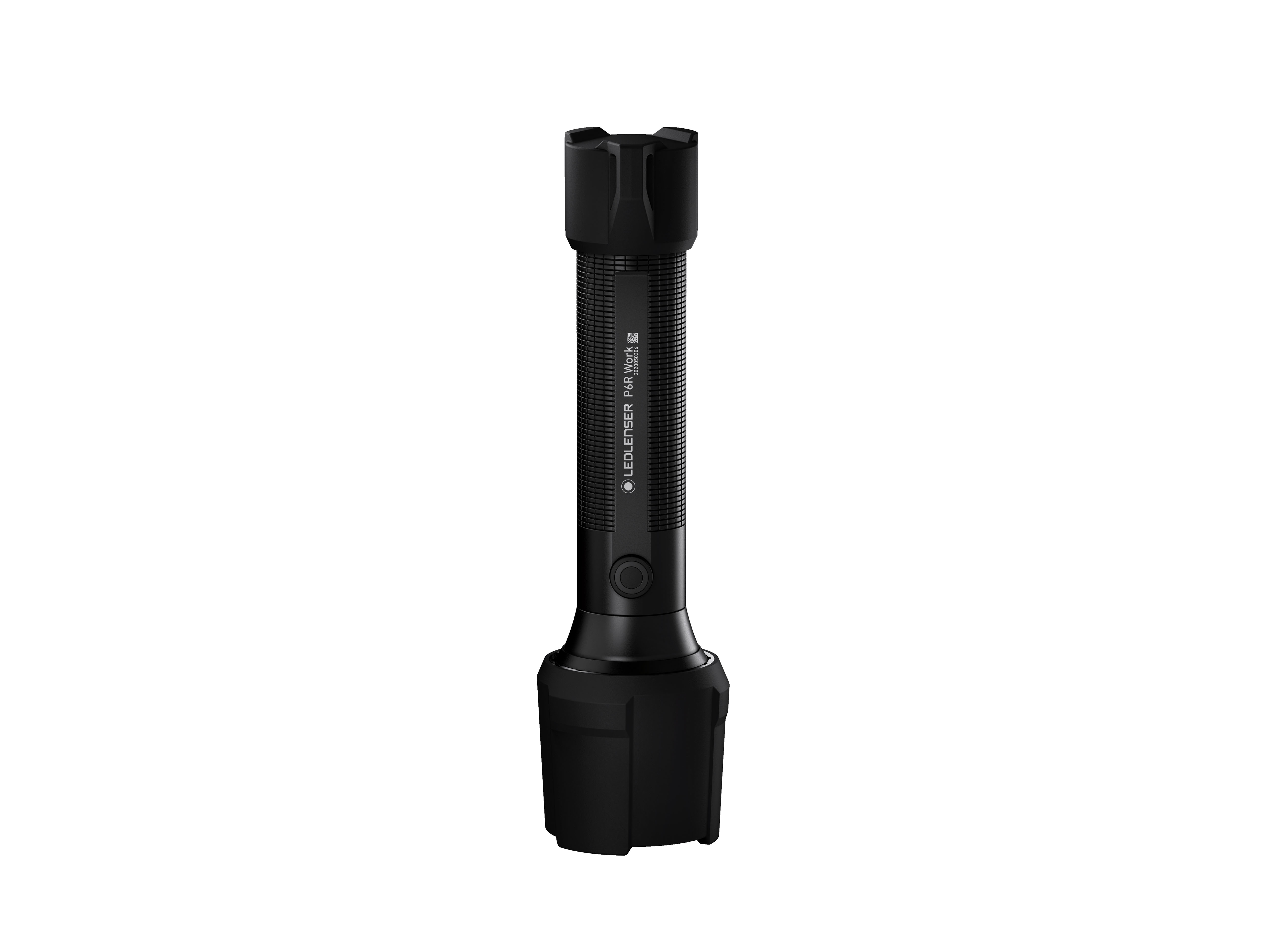 Schwarze LED-Taschenlampe mit geriffeltem Griff und Knopf.