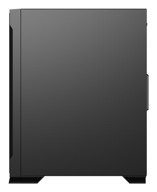 Un case per computer nero con superficie liscia, vista laterale.