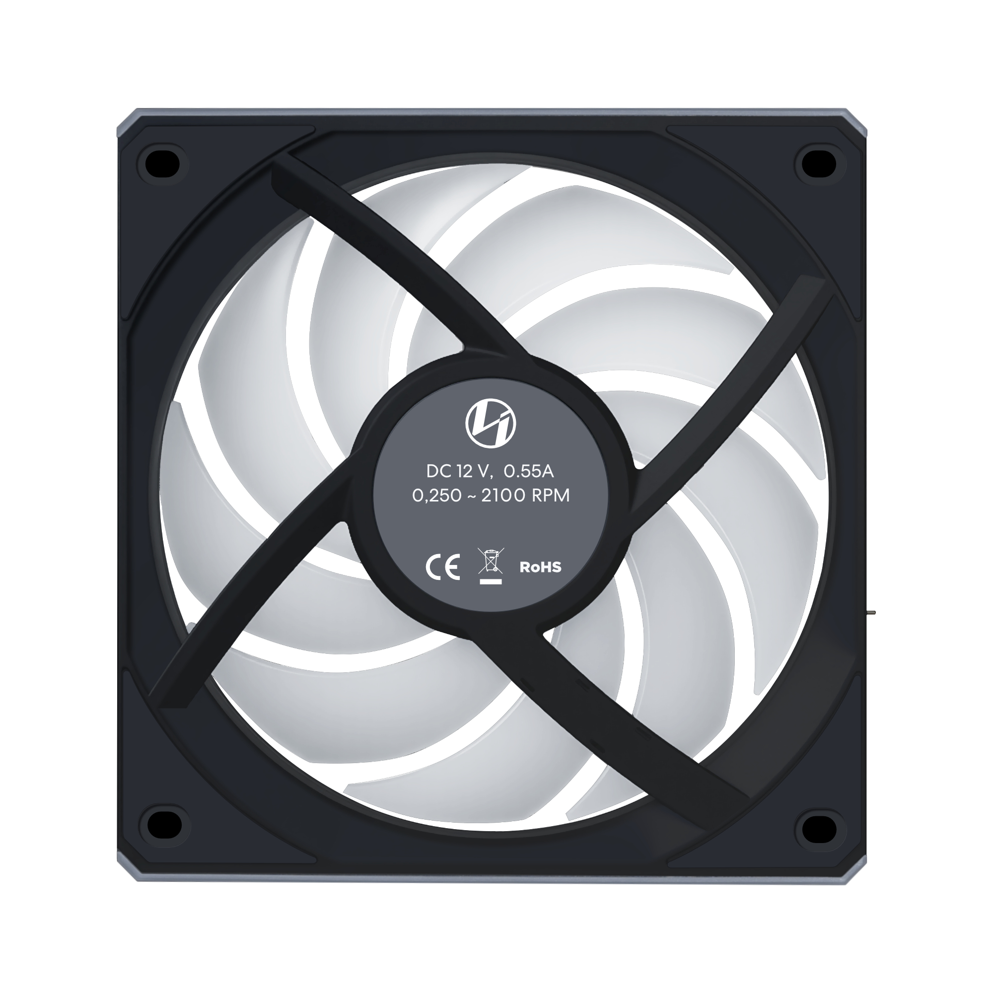 Ventilador de PC negro con aspas blancas y un cubo central con especificaciones.