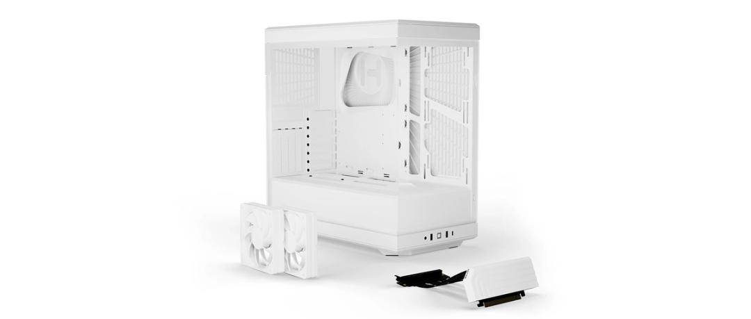 Un case per PC bianco con ventole e un accessorio per bay dell'unità.