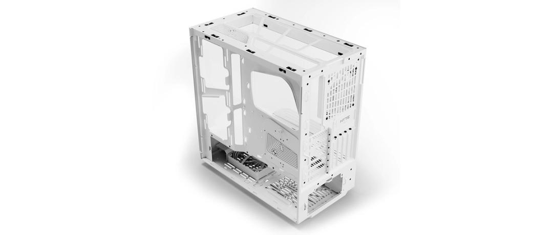 Un case per computer bianco in metallo con lato aperto e gestione cavi.
