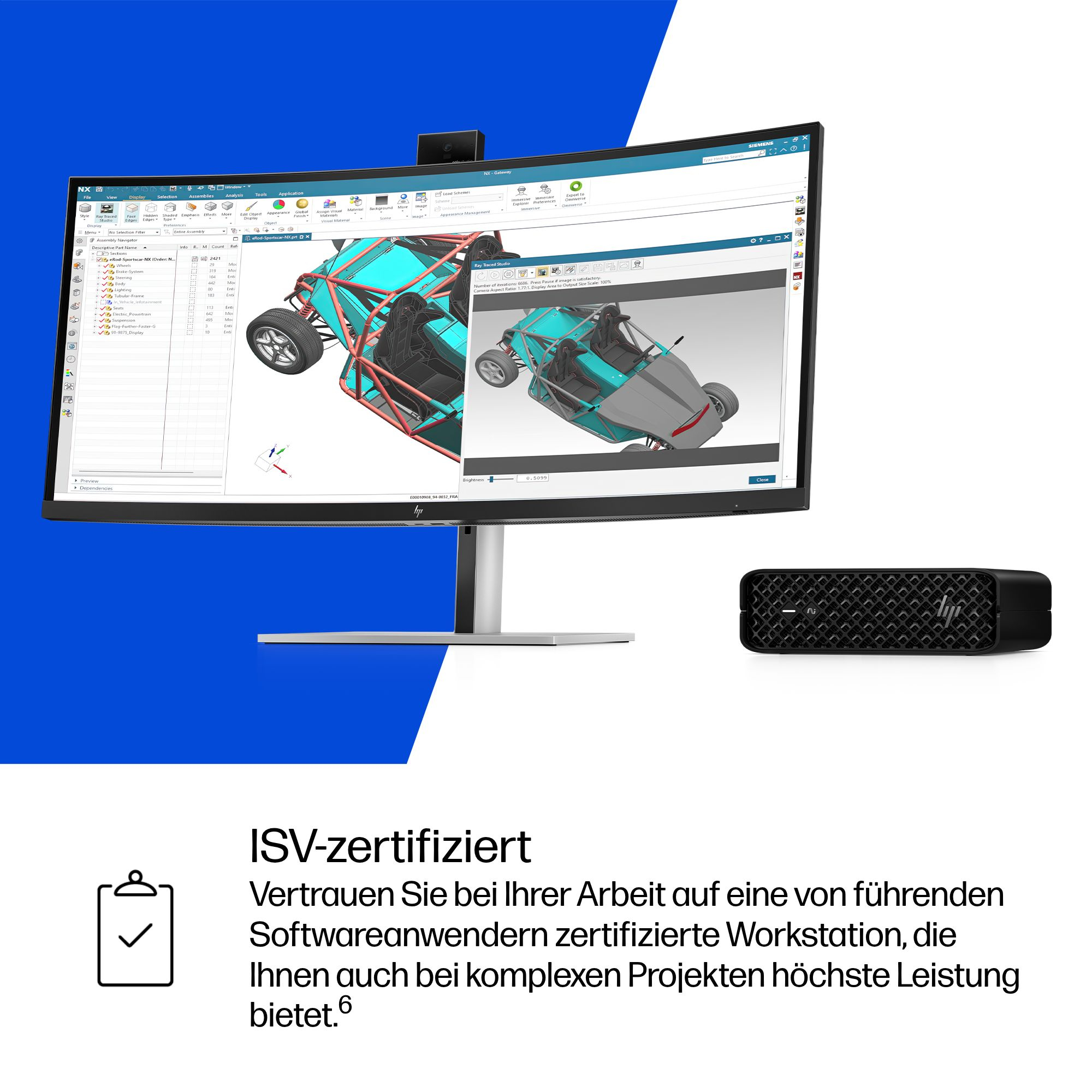 Ein Computer-Setup mit einem Monitor, der ein 3D-Auto-Modell zeigt, und einem Mini-PC.