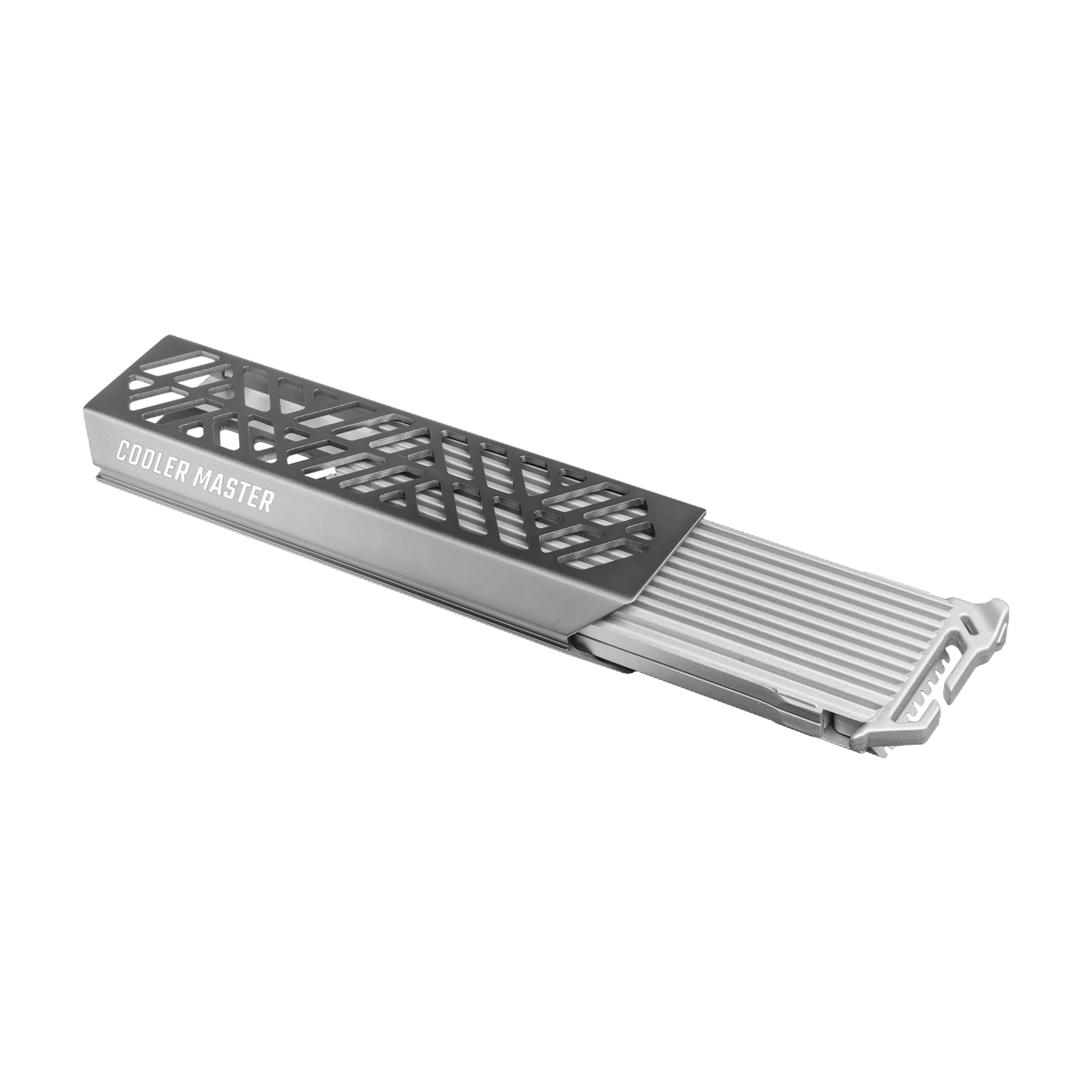 Grauer Cooler Master Lüfter mit Rippen und Gitterstruktur.