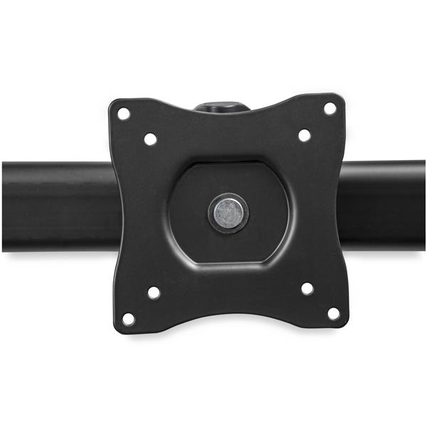 Un support VESA noir avec un boulon métallique rond au centre.
