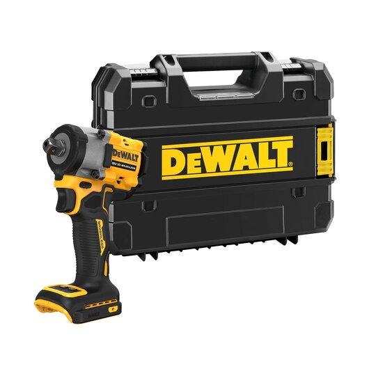 Un avvitatore a impulsi DeWalt giallo e grigio accanto a una custodia DeWalt nera.