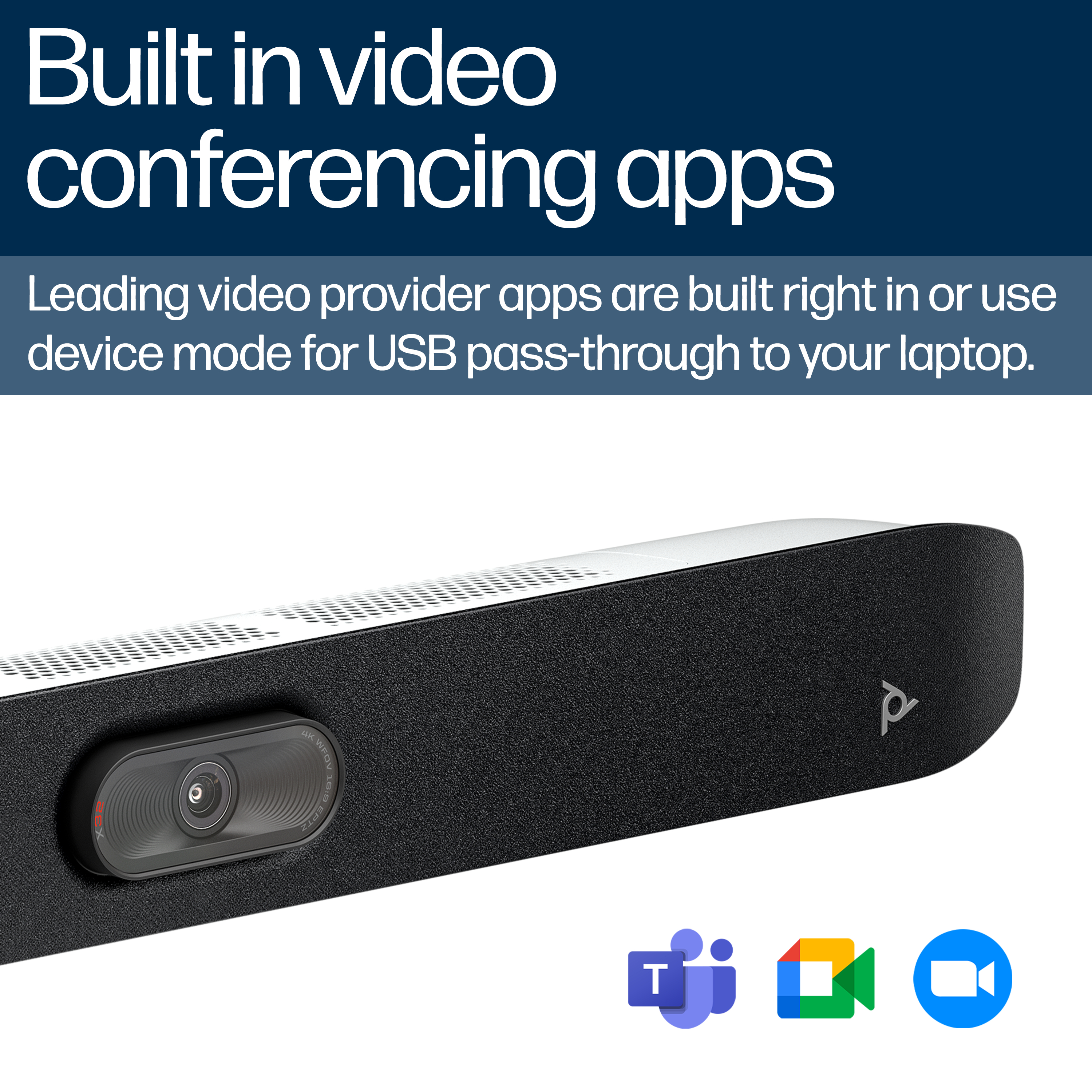 Un dispositivo per videoconferenze con fotocamera e loghi Teams, Meet e Zoom.