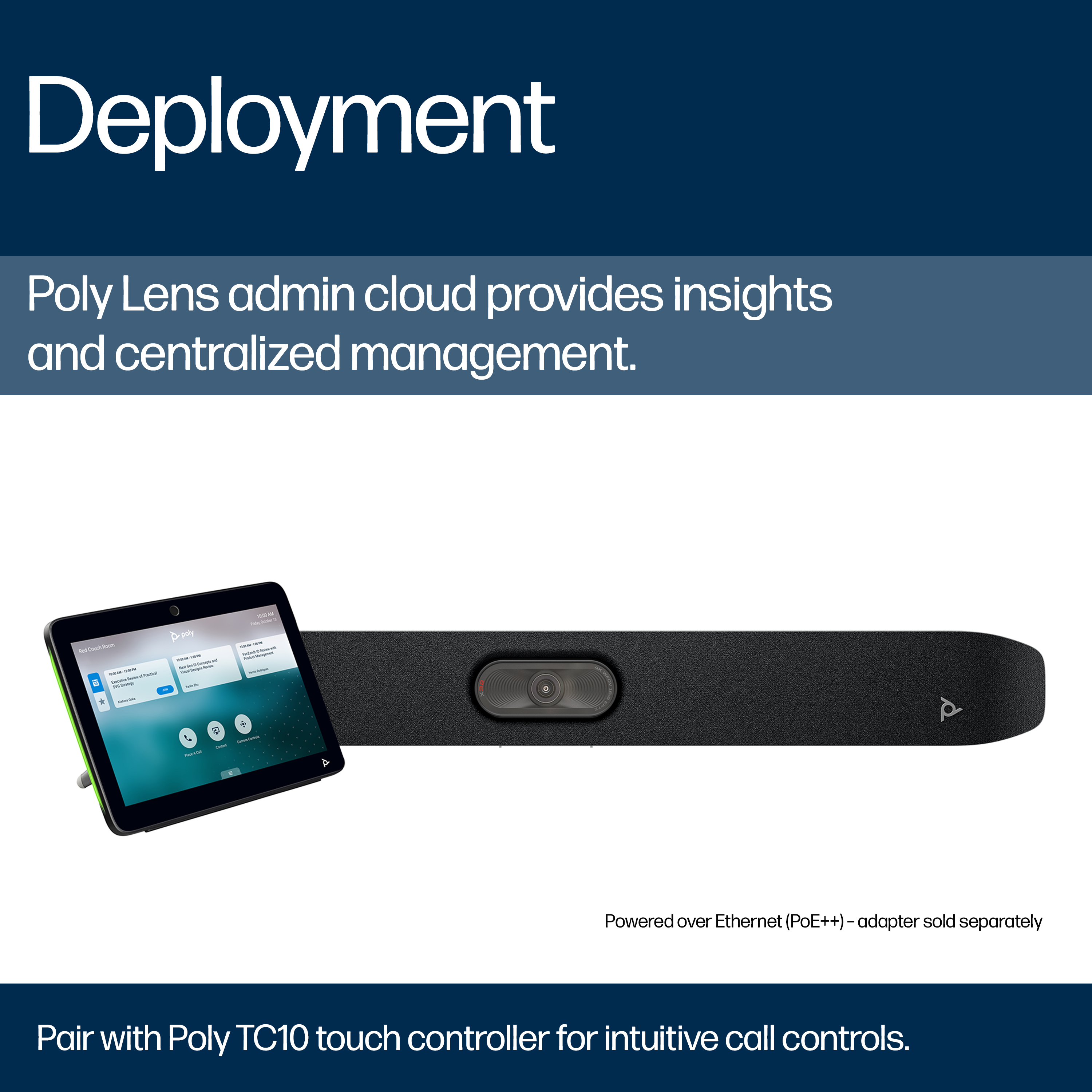 Un controller touch Poly TC10 accanto a una barra per videoconferenze nera con fotocamera.