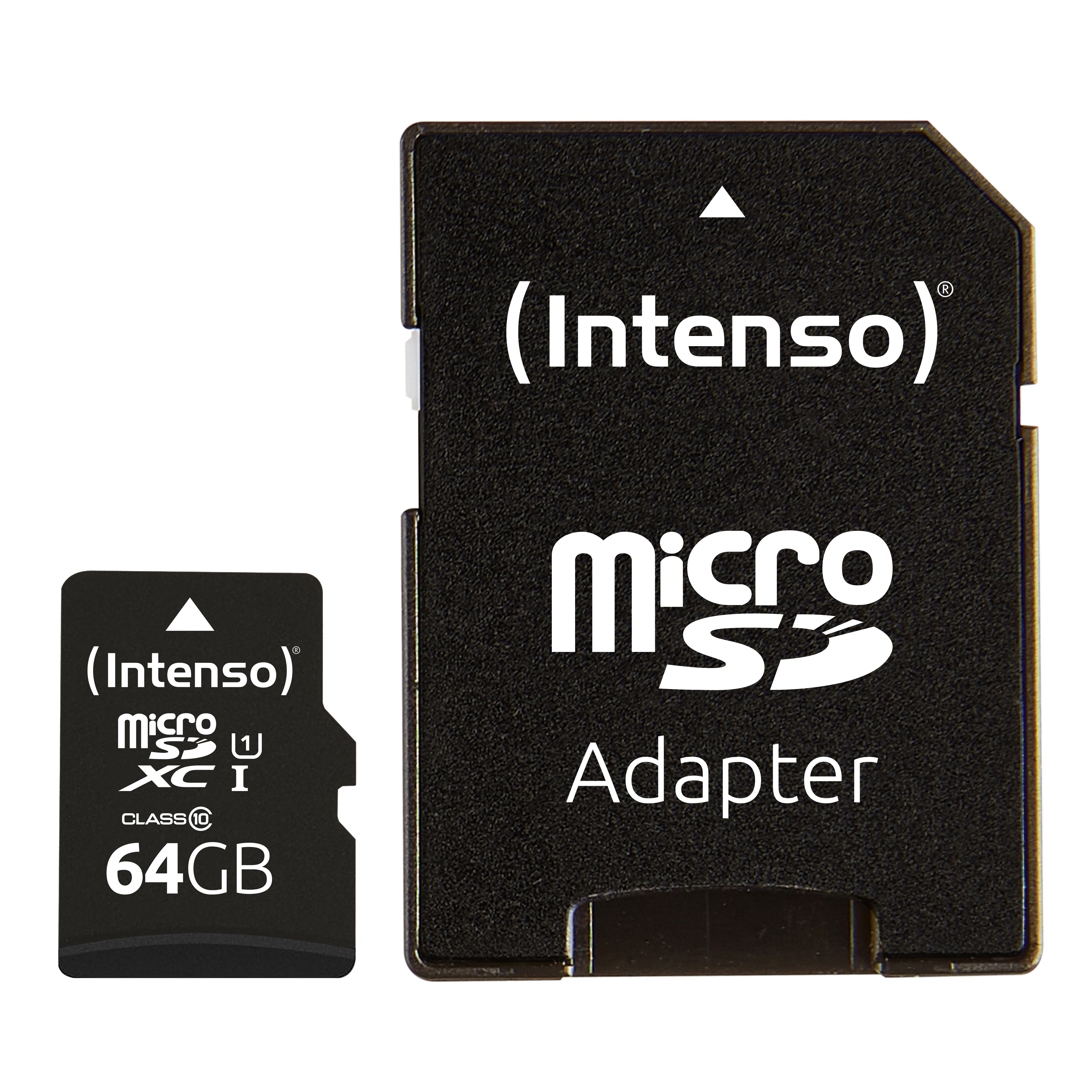 An Intenso Micro SDXC 64GB memory card and an adapter.