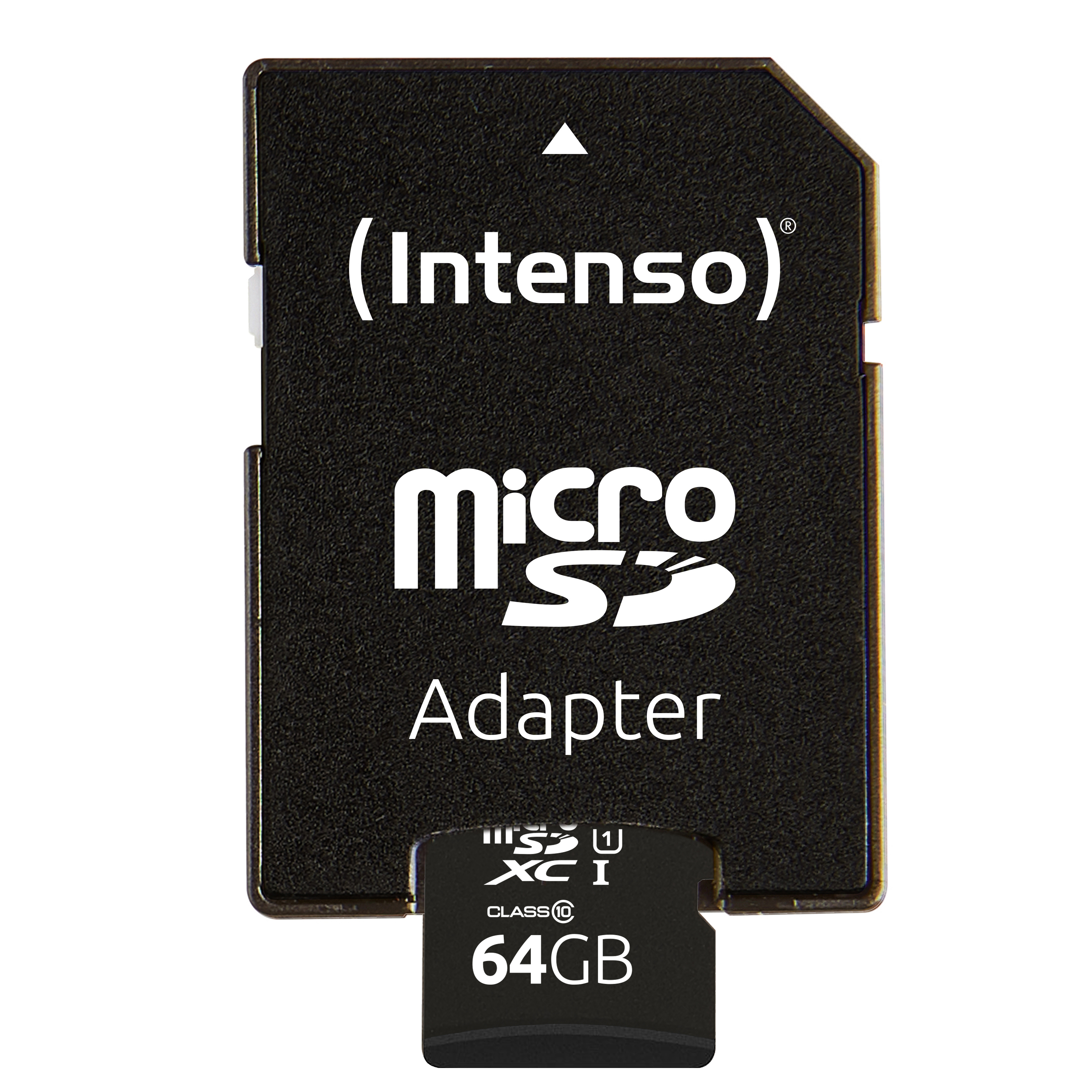 A black Micro SD adapter with white text, 64GB capacity.