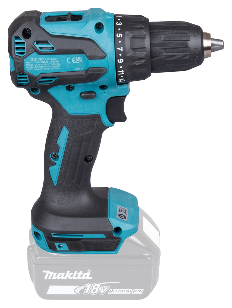 Un trapano avvitatore a batteria Makita turchese e nero con batteria da 18V.