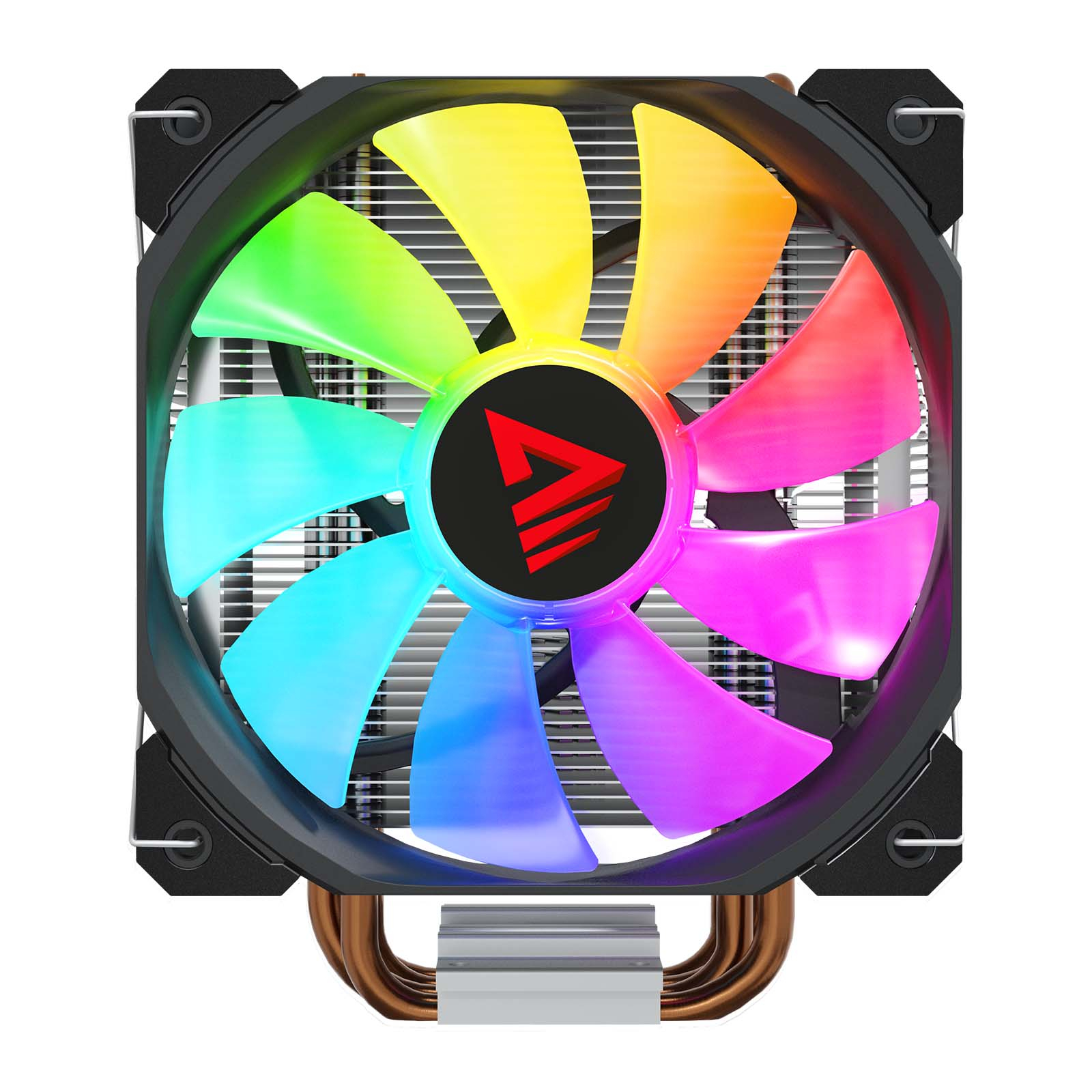 Un dissipatore per CPU con pale RGB colorate e cornice nera.