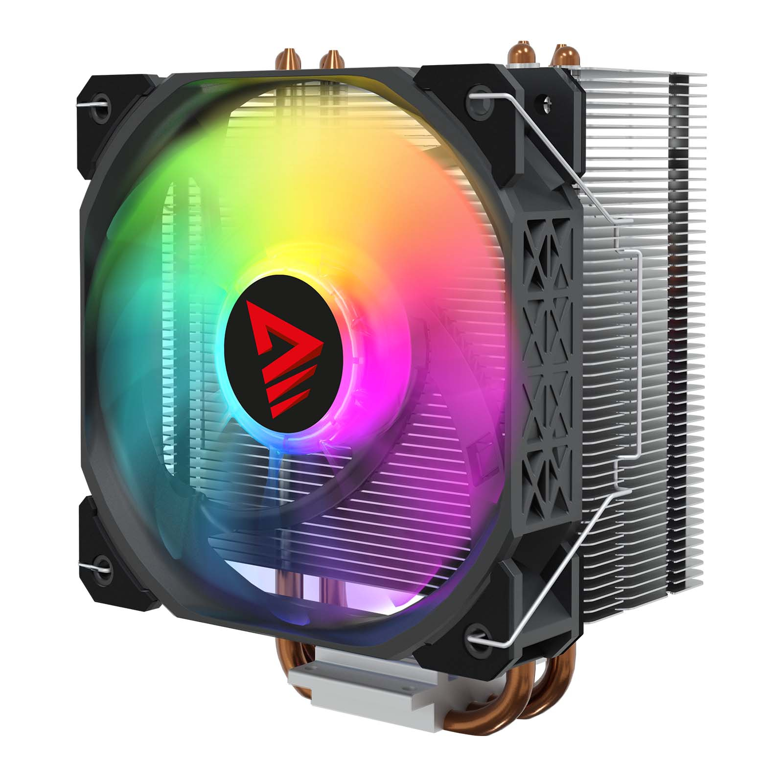 Un dissipatore per CPU con ventola RGB e heatsink in alluminio.