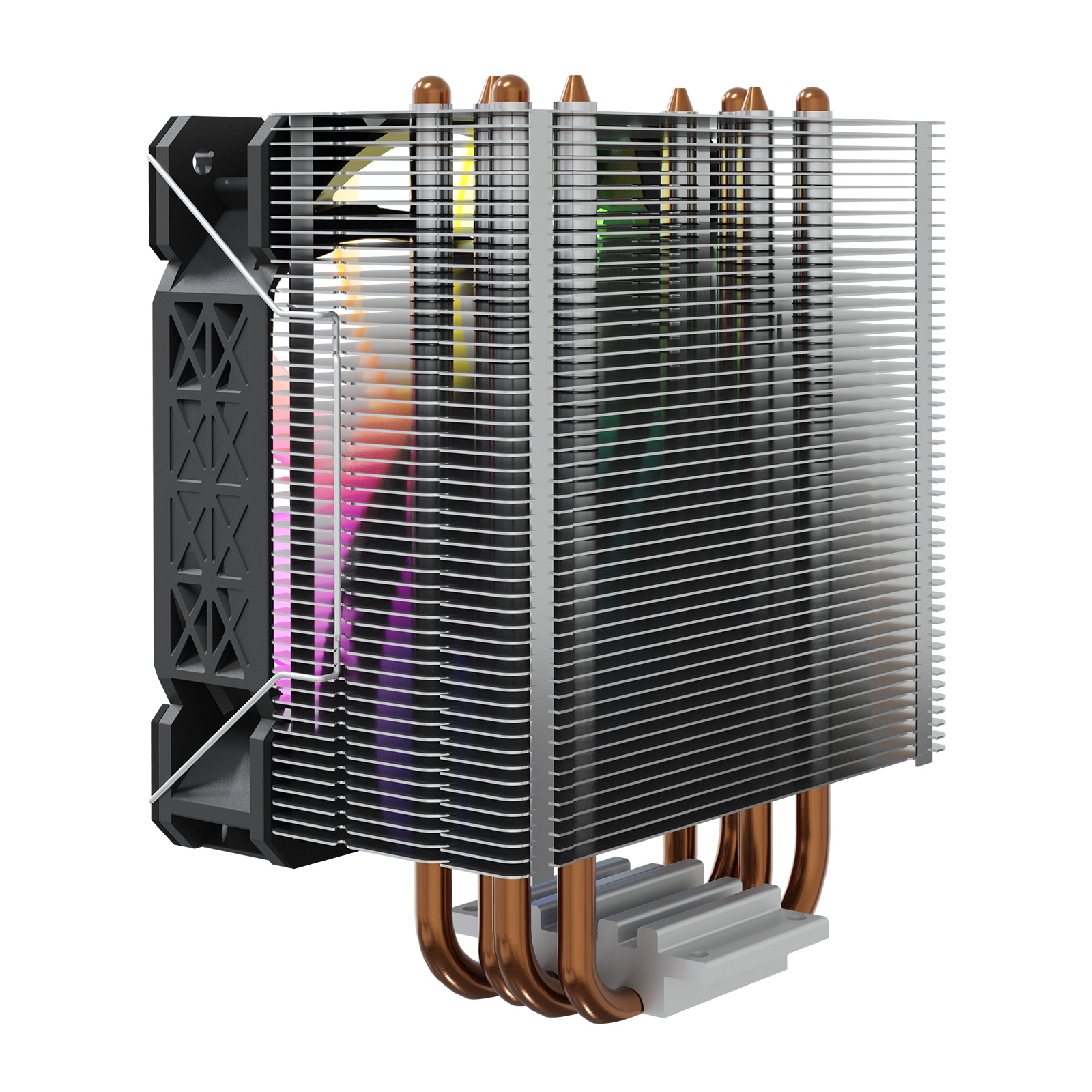Un dissipatore CPU con heatpipe in rame, alette in alluminio e ventola RGB.