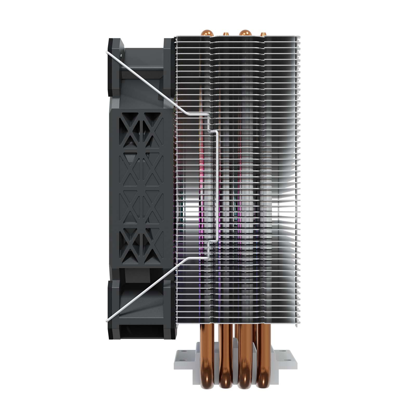 Un dissipatore CPU nero con tubi in rame e alette argentate.