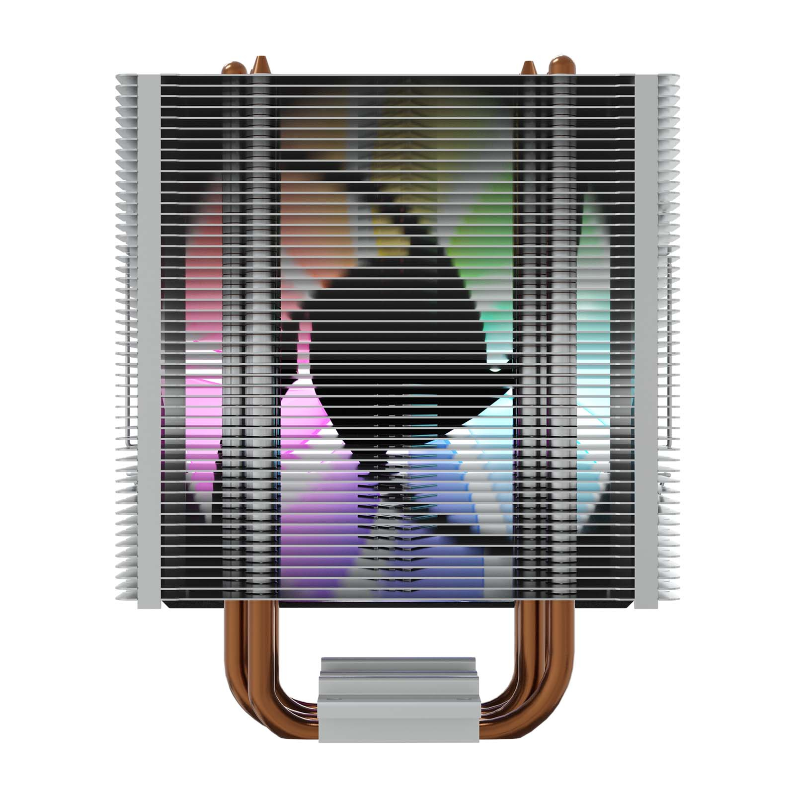 Un dissipatore per CPU con ventola, tubi di rame e alette in alluminio, illuminato da LED colorati.
