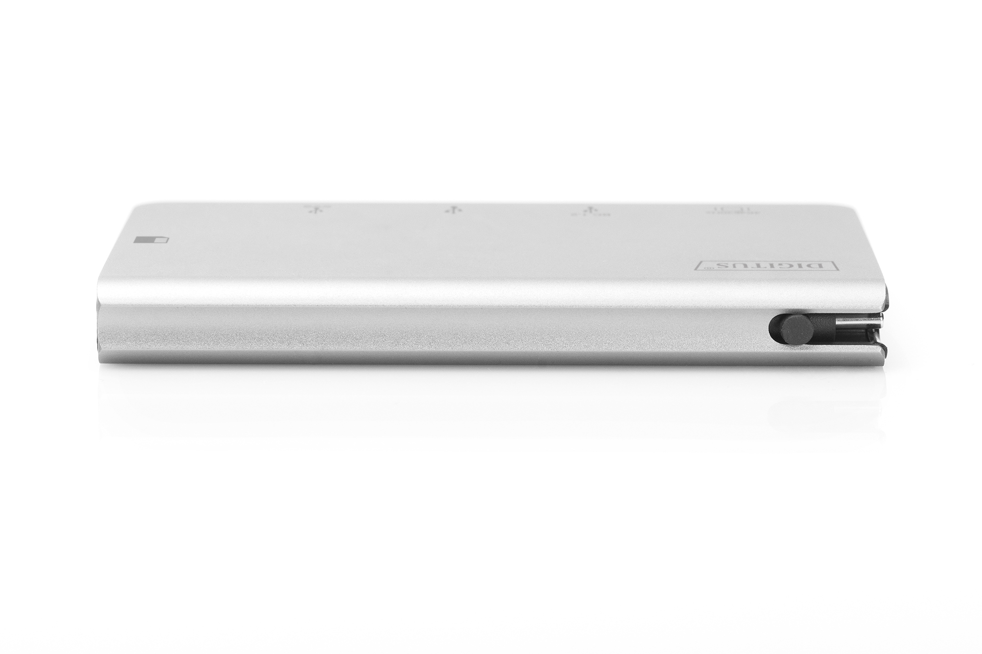 Dispositivo elettronico rettangolare argentato con porte e marcature.
