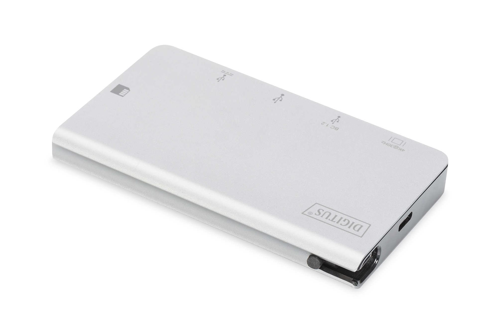 Hub USB-C argentato con simboli SIM, USB e 4K@30Hz.