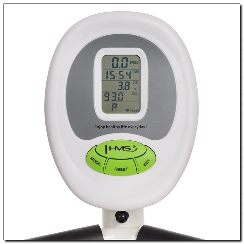 Console per macchine da fitness bianca con display LCD che mostra velocità, tempo, distanza e polso.