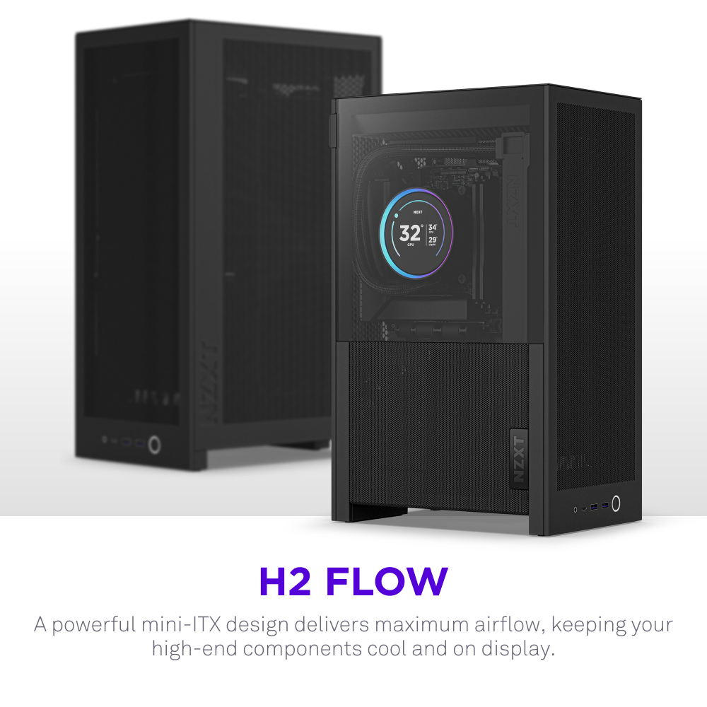 Dos cajas de ordenador NZXT H2 FLOW negras sobre fondo blanco.
