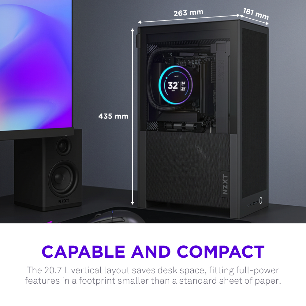 Torre de PC NZXT negra con pantalla de ventilador iluminada. Dimensiones: 435x263x181mm.