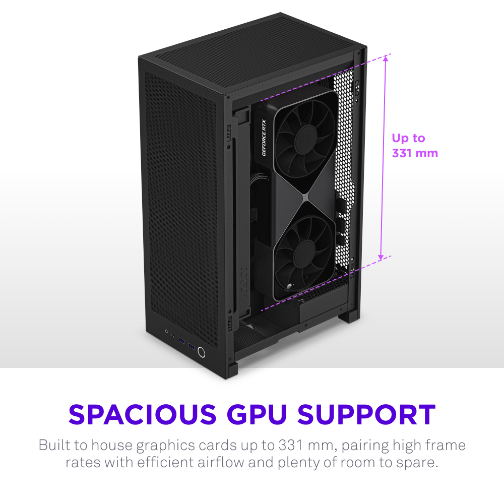 Caja de PC negra con tarjeta gráfica, hasta 331 mm de espacio.