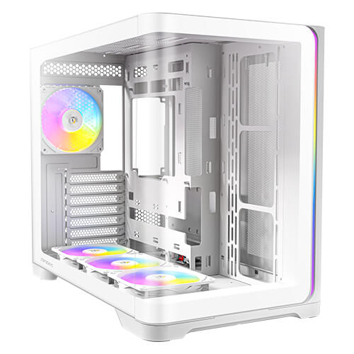 Un case per PC bianco con ventole RGB e accenti arcobaleno.