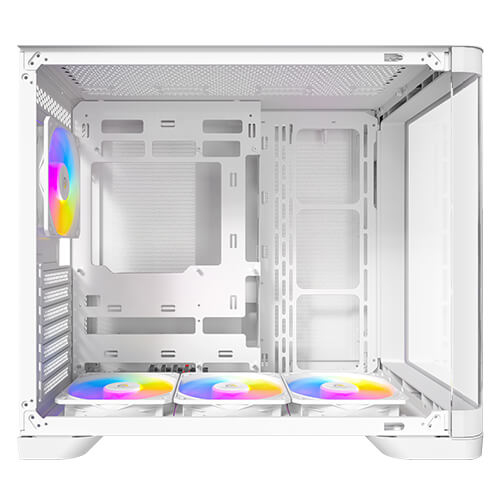 Un case per PC bianco con ventole RGB e frontale in vetro.