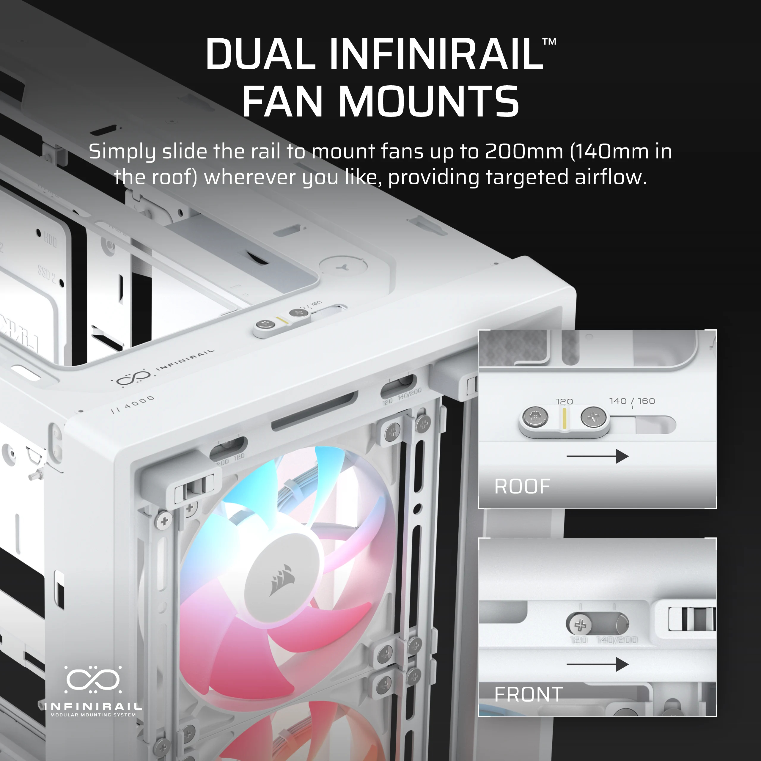 Fan yuvaları ve fanları olan beyaz PC kasası. Yakın çekim.