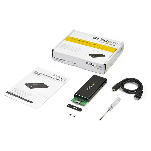 Carcasa StarTech.com M.2 NVMe SATA, manual, cable y destornillador.